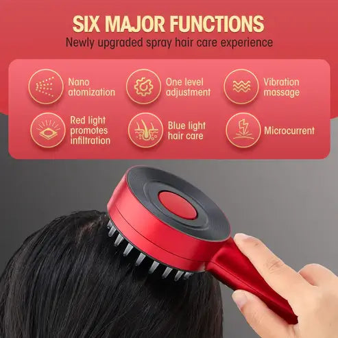 Red hair care device with six major functions on a gray background