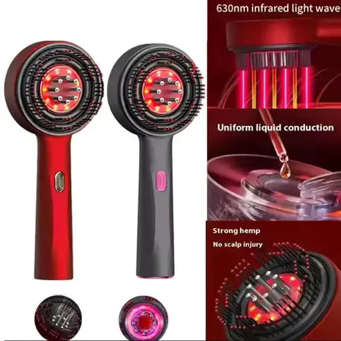 Red and black handheld device with LED lights, shown from different angles and with close-up details.