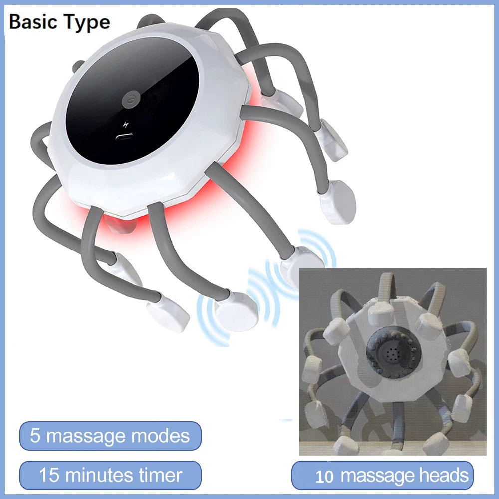 Electric Scalp Massager Head Massager Red Light Vibrator Octopus Head Scratcher for Relaxation Stress Migraine Recharge